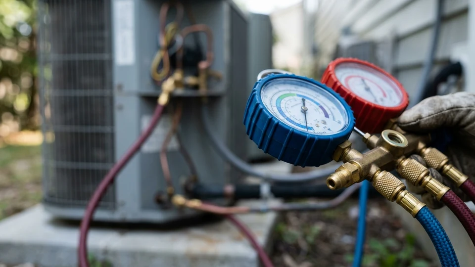 Close-up of the low-side gauge on a refrigerant manifold set connected to a heat pump service port