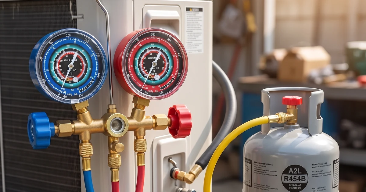 Red and blue refrigerant manifold gauge set with service hoses connected to an R454B heat pump unit