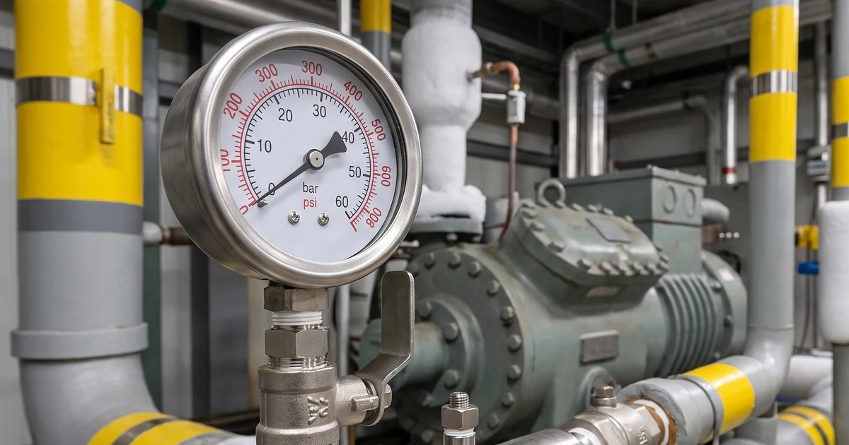Stainless steel pressure gauge on an ammonia refrigeration compressor valve station in a machinery room