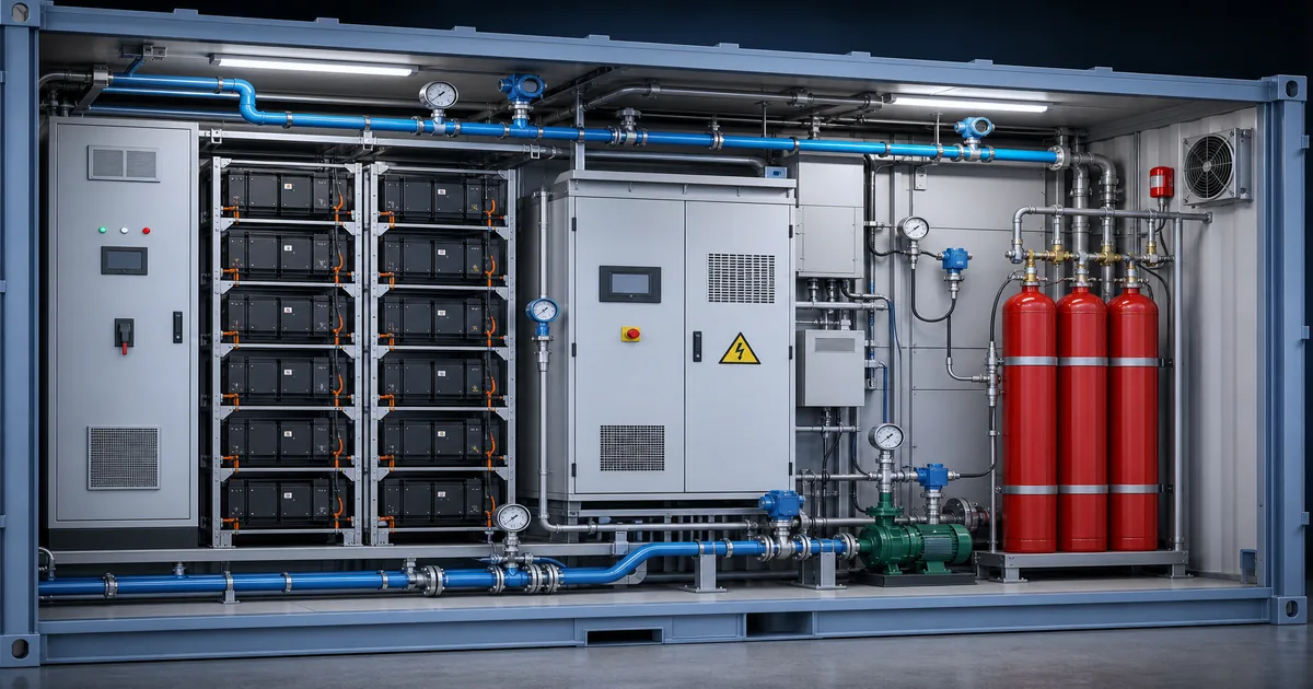BESS fire suppression pressure monitoring schematic with gauges transmitters cylinders and coolant piping