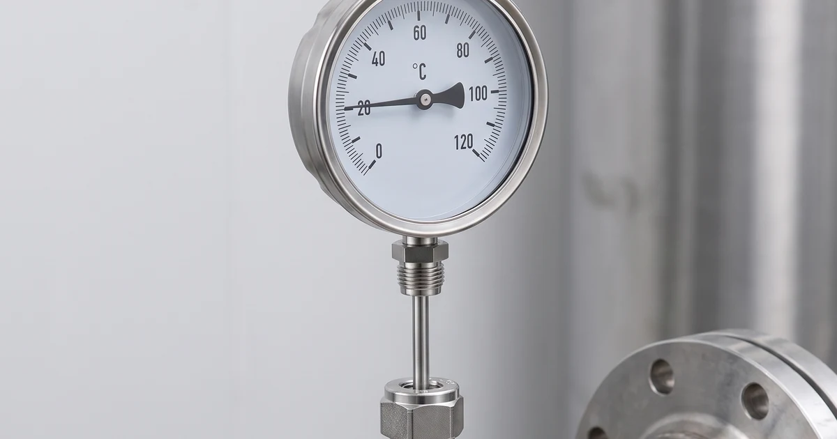 Bimetal dial thermometer inserted in a thermowell on a flanged stainless steel pipe