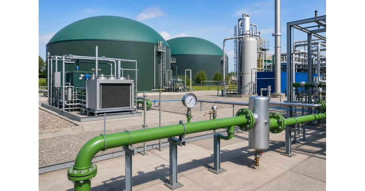 Biogas plant with digester domes and gas upgrading pipework