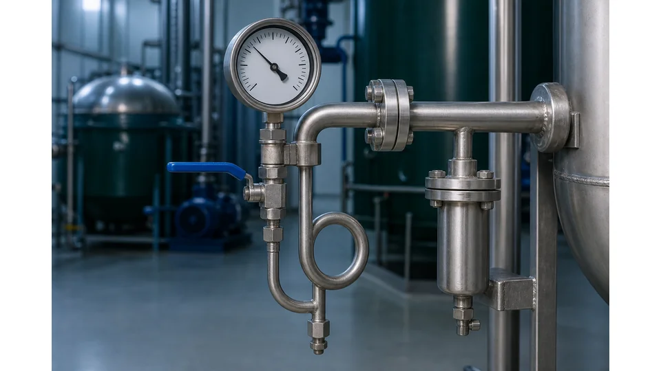 Biogas pressure gauge installation with isolation valve, drain leg and corrosion-resistant wetted parts