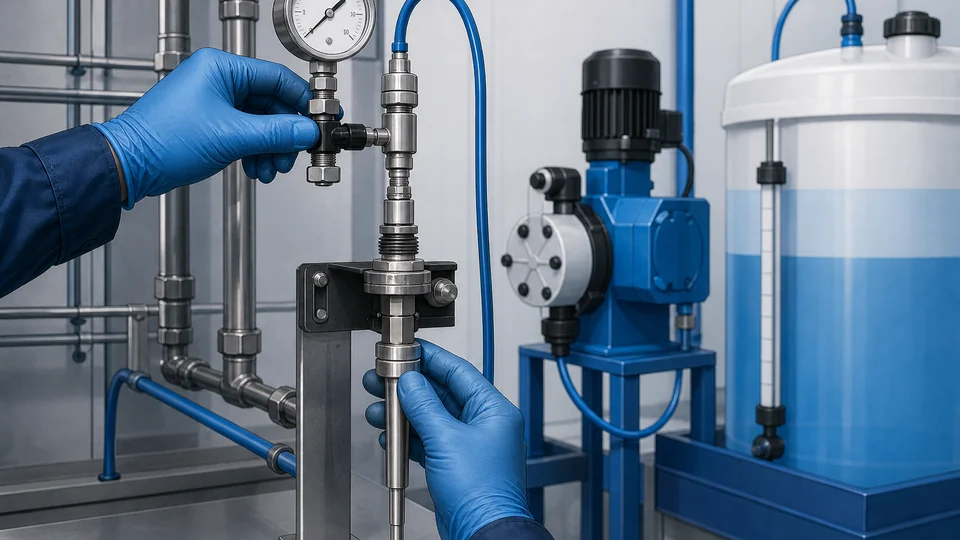 Maintenance check of a chemical dosing skid pressure gauge and injection assembly