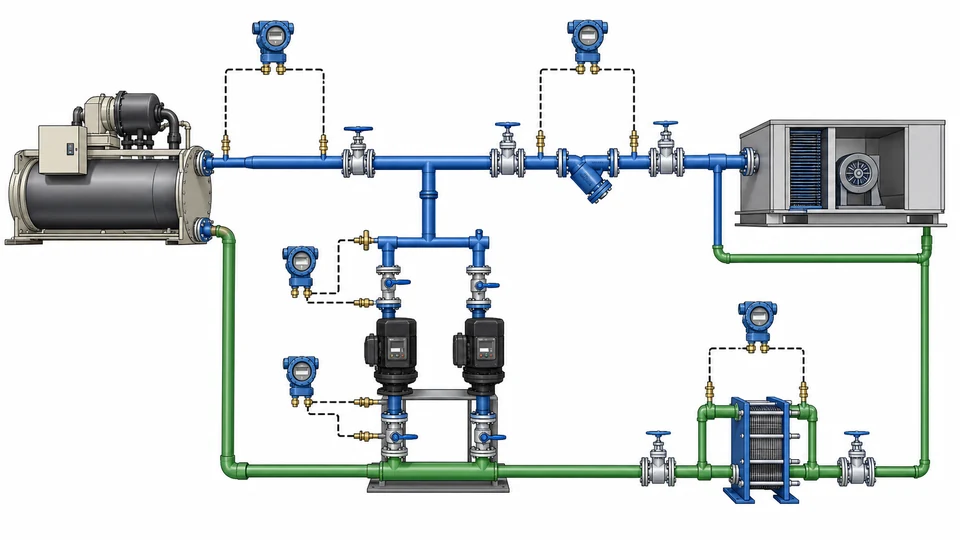 Chilled water differential pressure monitoring points across pumps filters coils and supply return headers