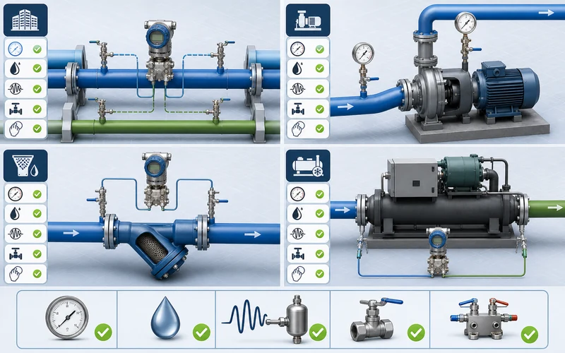 HVAC chilled water pressure instrument selection matrix for gauges transmitters isolation valves and pulsation checks