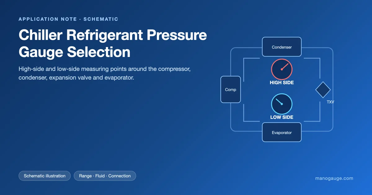 Schematic of a chiller refrigerant loop showing high-side and low-side pressure gauge points at the compressor, condenser, expansion valve and evaporator