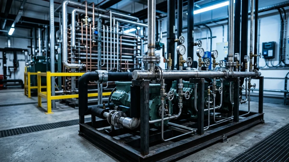 High-pressure gauges and service valves on the discharge header of a CO2 transcritical refrigeration rack