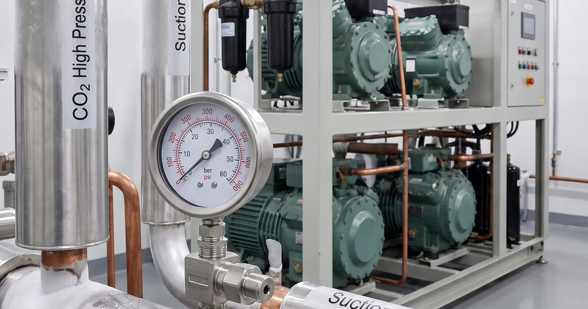 High-pressure gauges on a CO2 transcritical refrigeration rack with labelled high-pressure and suction lines