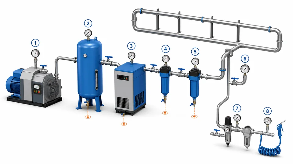 Compressed air pressure gauge selection point map with receiver, dryer, filter, ring main and regulator gauges