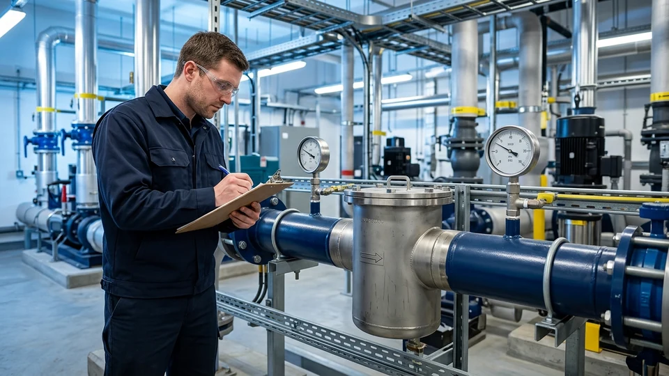 Technician logging differential pressure readings across a condenser-water strainer