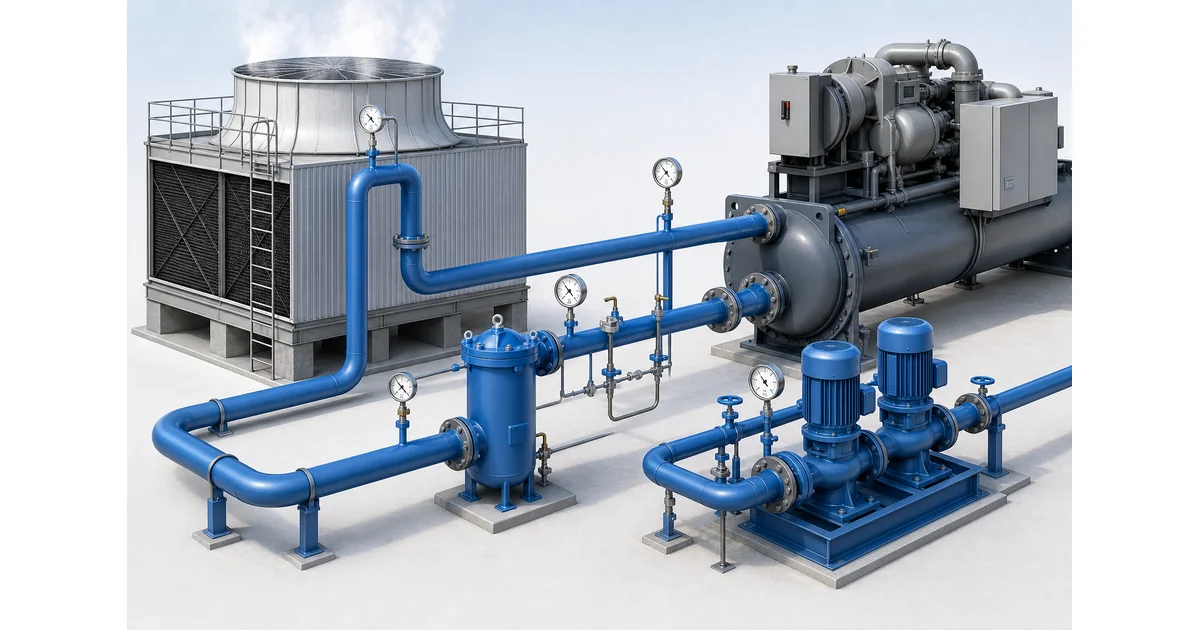 Cooling tower pressure gauge monitoring points on a condenser water loop
