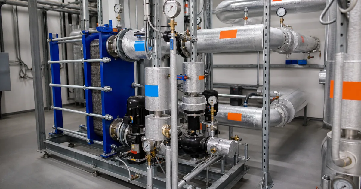District heating substation with plate heat exchangers, pumps and insulated pipework