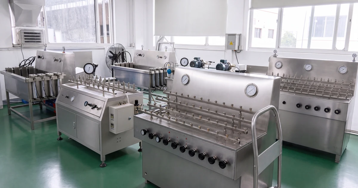Pressure gauge test and calibration benches in a manufacturing workshop