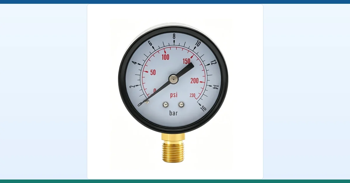 Real dual-scale pressure gauge dial with bar and psi markings for EN 837-1 procurement review
