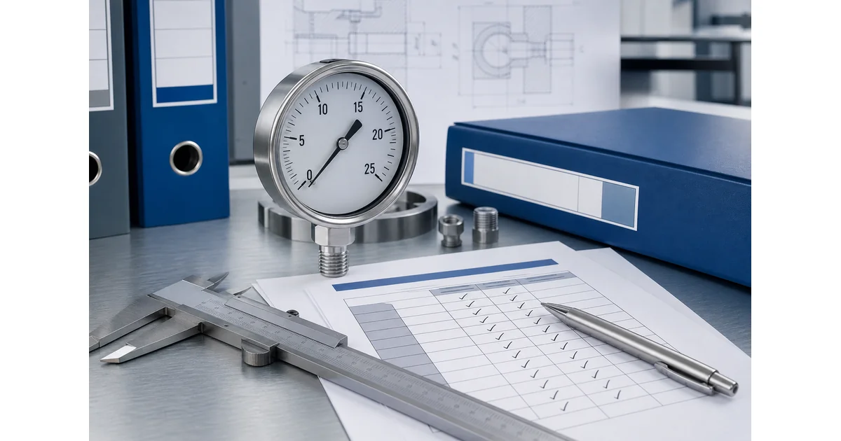 EN 837-1 pressure gauge standard inspection desk with Bourdon tube gauge and RFQ documents