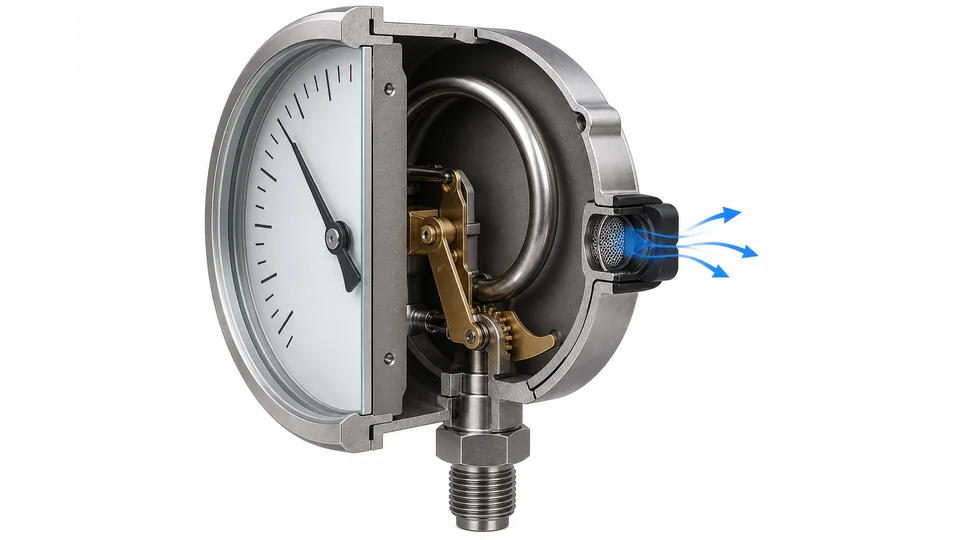 Safety pattern Bourdon tube pressure gauge case cutaway with rear vent path
