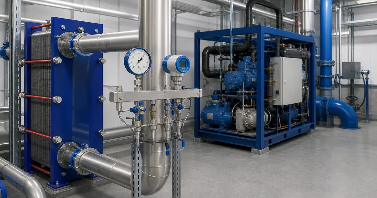 Industrial heat pump pressure monitoring with gauge and transmitter on a retrofit plant manifold