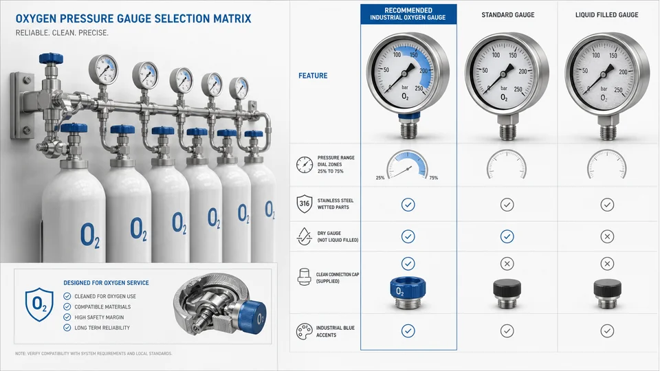 Oxygen pressure gauge selection checkpoints for range, wetted parts, dry case and clean connection cap