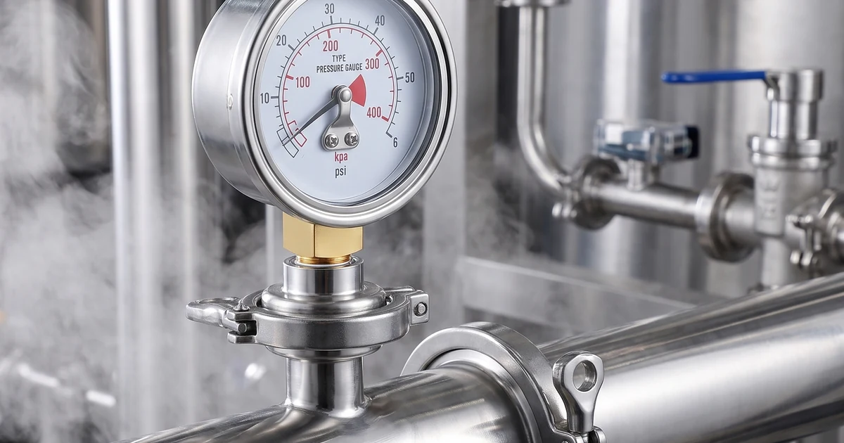 Sanitary pressure gauge with clamp diaphragm seal on a clean steam SIP line in a pharmaceutical plant