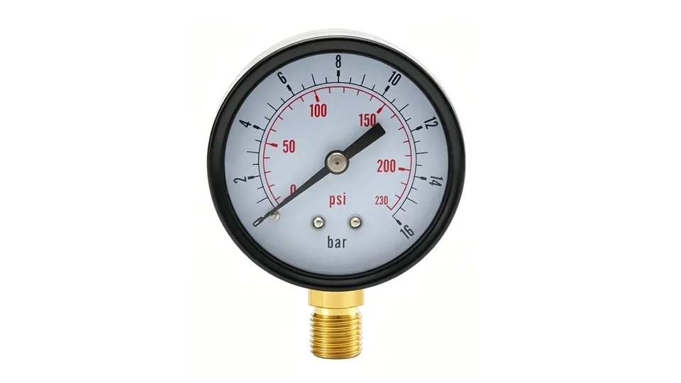 Manogauge general purpose pressure gauge with a 0-16 bar and 0-230 psi dial used to illustrate accuracy class error in bar