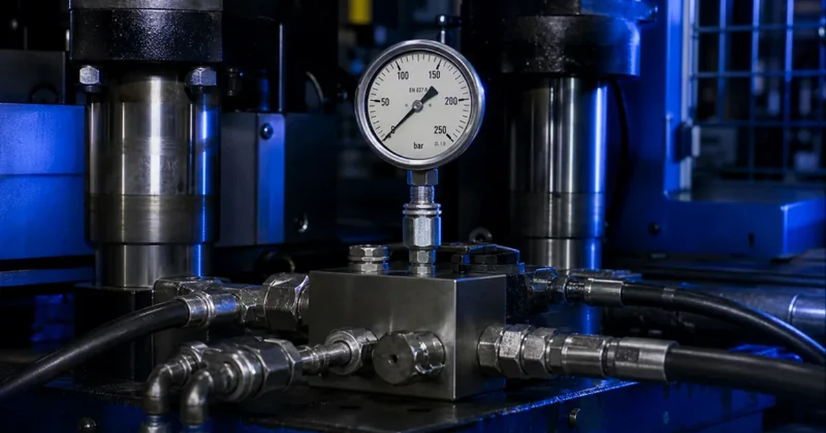 Pressure gauge mounted on a hydraulic power unit manifold, dial graduated 0 to 250 bar