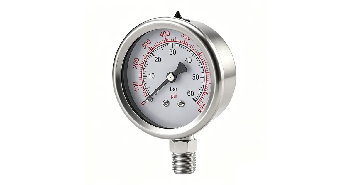 Pressure gauge dial size selection using a real stainless steel pressure gauge product photo