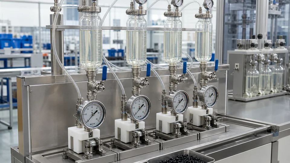 Glycerine filling station charging liquid-filled pressure gauges at the Manogauge plant