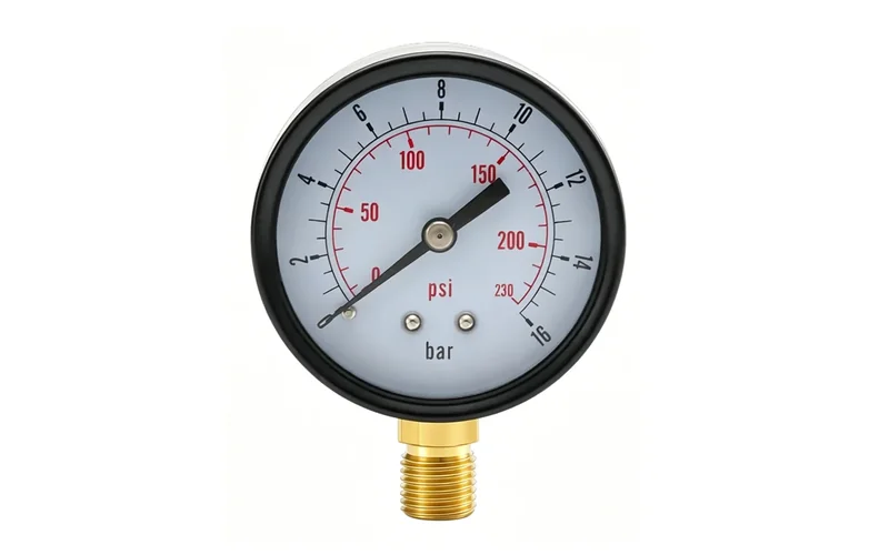 Pressure gauge with a 0-16 bar and 0-230 psi dual scale dial