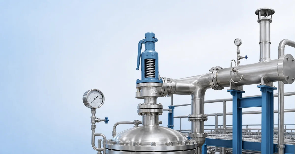 Safety relief valve installed on a process vessel with stainless steel pipework