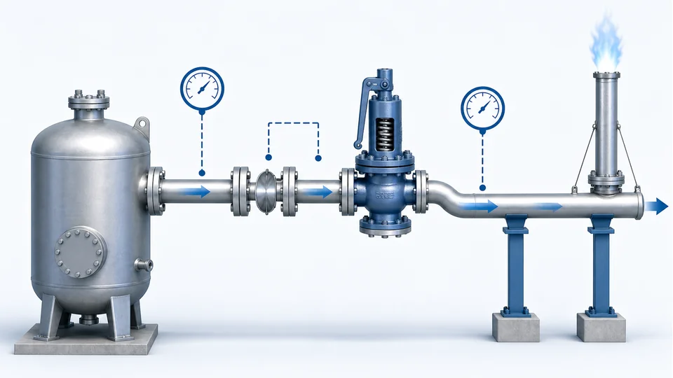 Pressure relief valve system schematic with upstream downstream and rupture disc pressure points