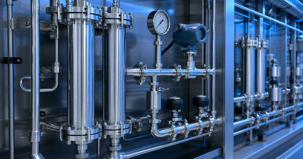 Ultrapure water pressure monitoring schematic with pressure gauge and transmitter in a semiconductor UPW loop