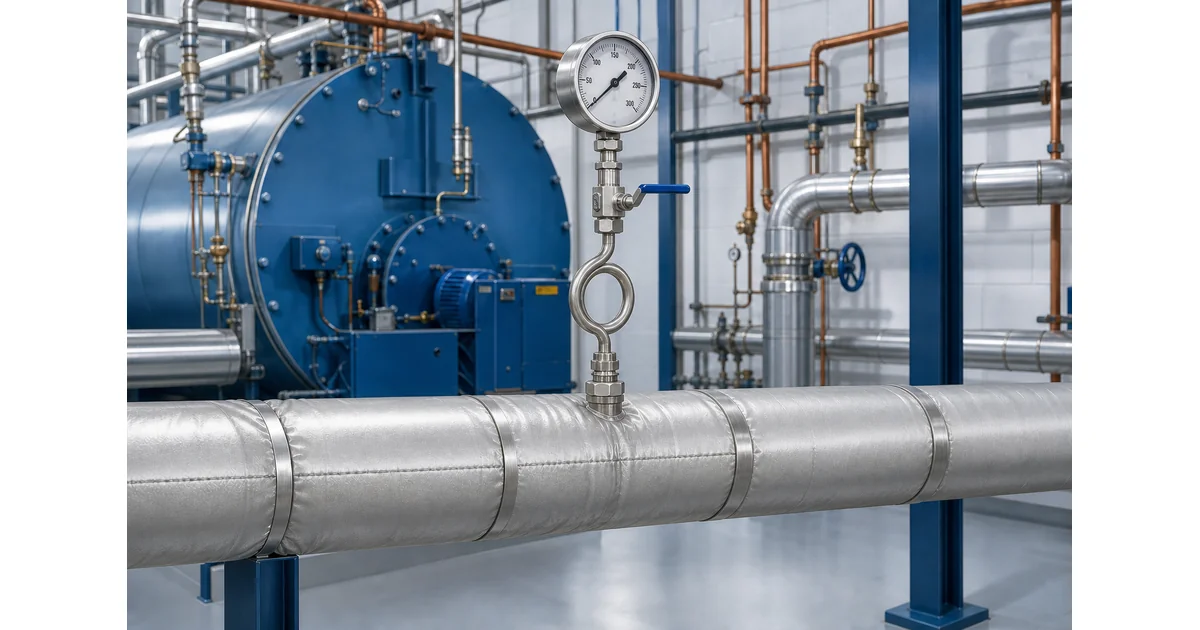 Steam pressure gauge siphon installation on an insulated boiler steam header