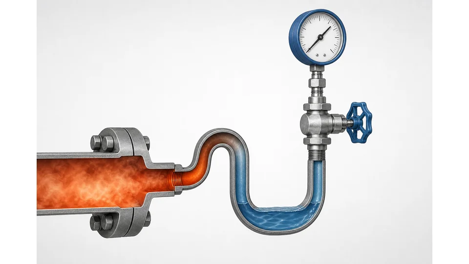 Cutaway of condensate barrier inside a steam pressure gauge siphon
