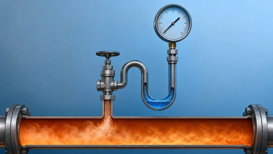 Steam pressure gauge siphon condensate barrier protecting the Bourdon tube