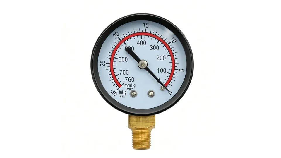Manogauge compound pressure gauge with a -760 mmHg vacuum scale and a positive bar scale on the same dial
