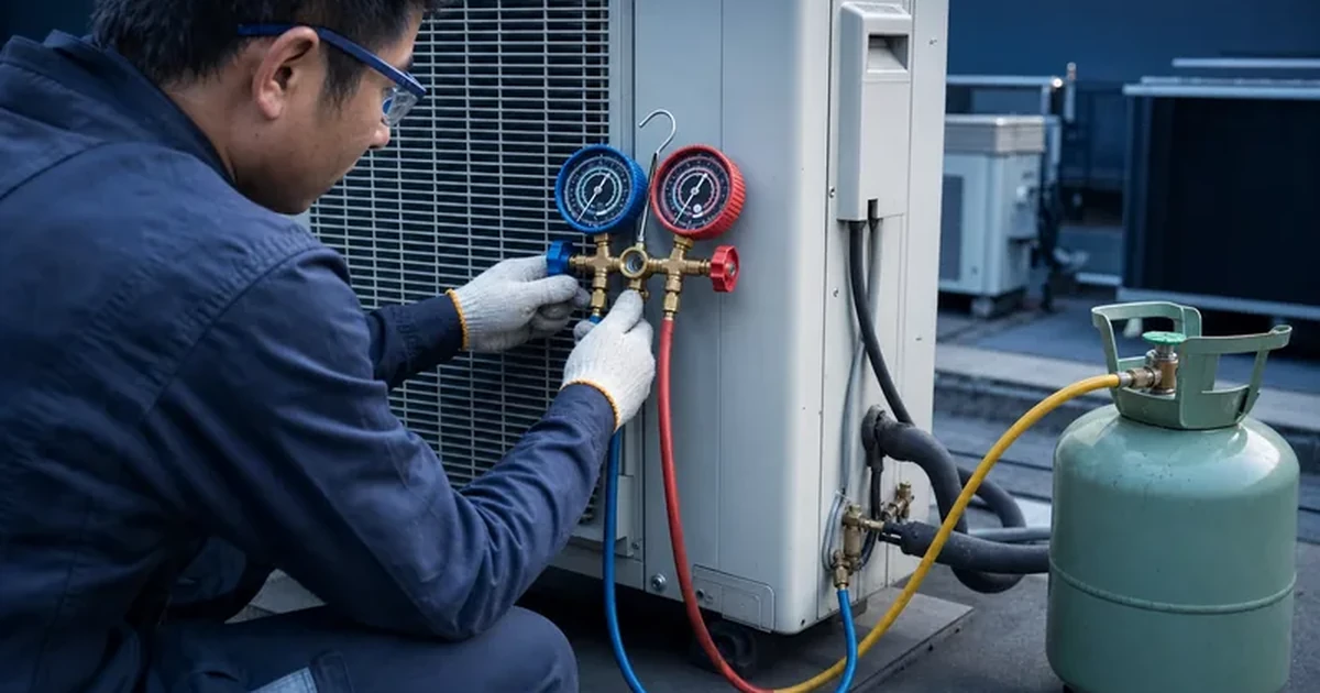 HVAC technician connecting a manifold gauge set with compound dials to an air conditioning condensing unit